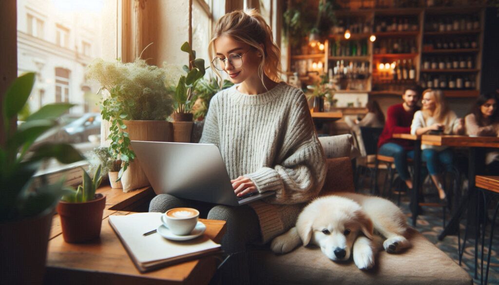 Mulher loira trabalhando em um notebook em um café coworking, com um cachorro deitado ao seu lado e outras pessoas ao fundo.