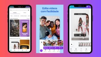 3 telas de um editor de vídeo no telefone.