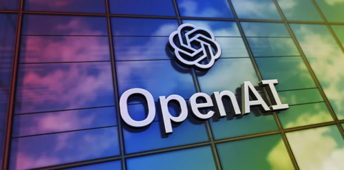 Logo da empresa "OpenAI" destacado na parede de um predio